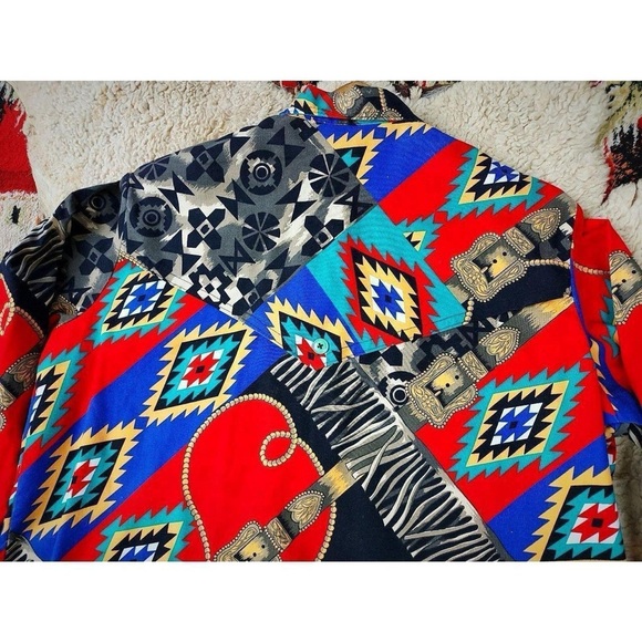 Vtg 80s 90s Button Down Shirt Bold Abstract Geometric Print Colorful Retro Top M - Picture 6 of 6